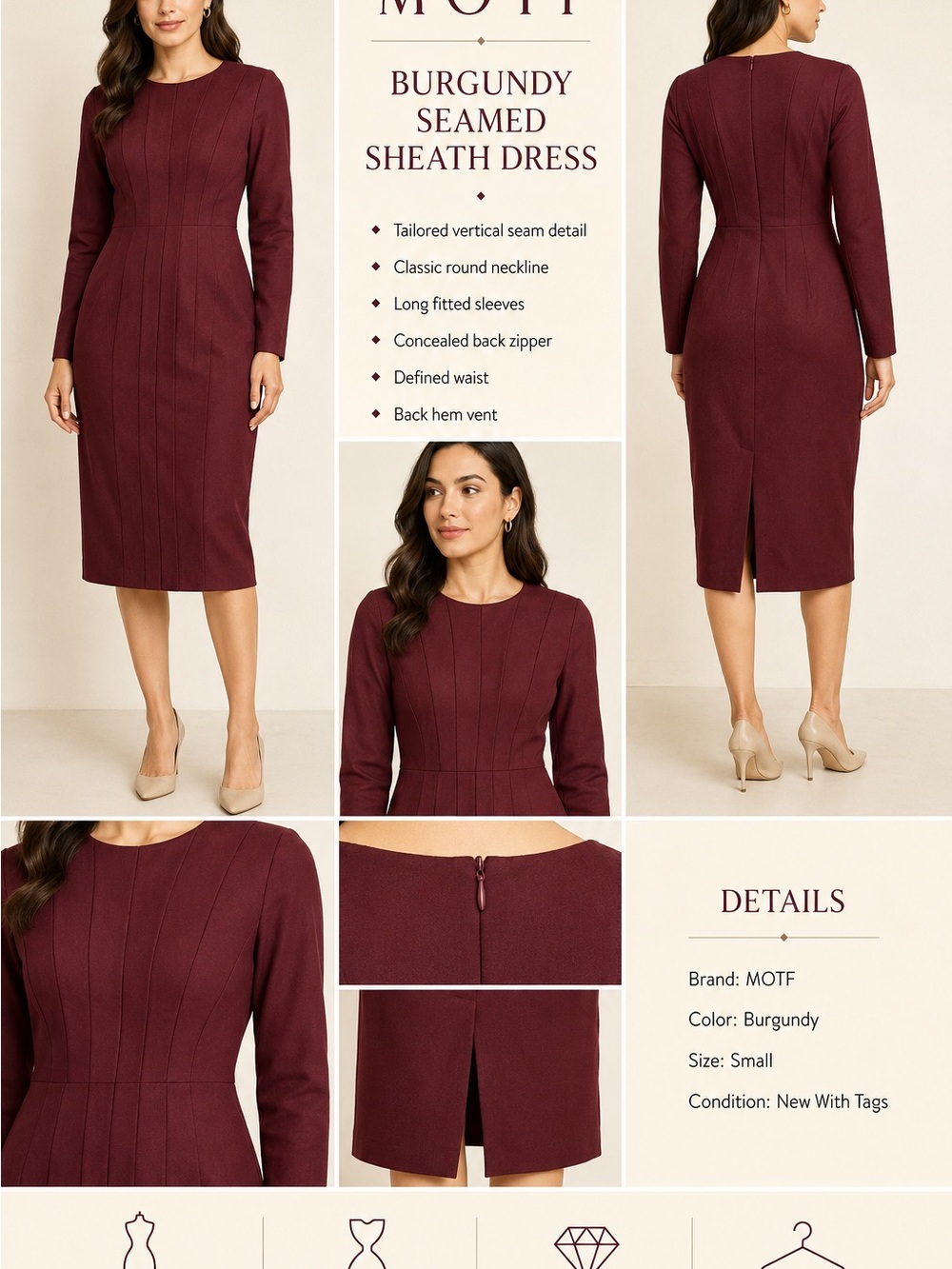 MOTF Burgundy Long-Sleeve Seamed Sheath Dress